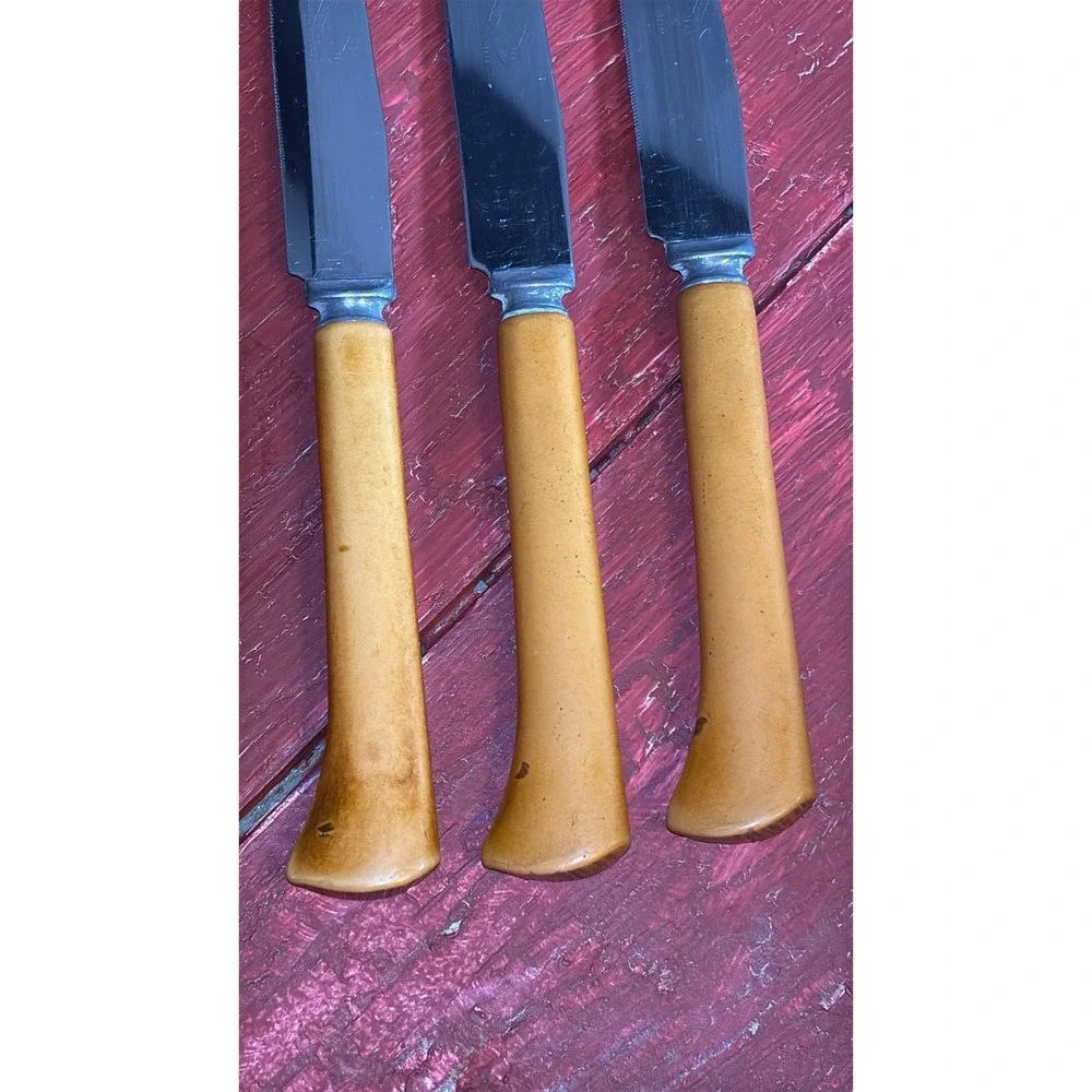 6 Vtg Royal‎ Brand Sharp Cutter Stainless Steel Knife Yellow Celluloid Handle